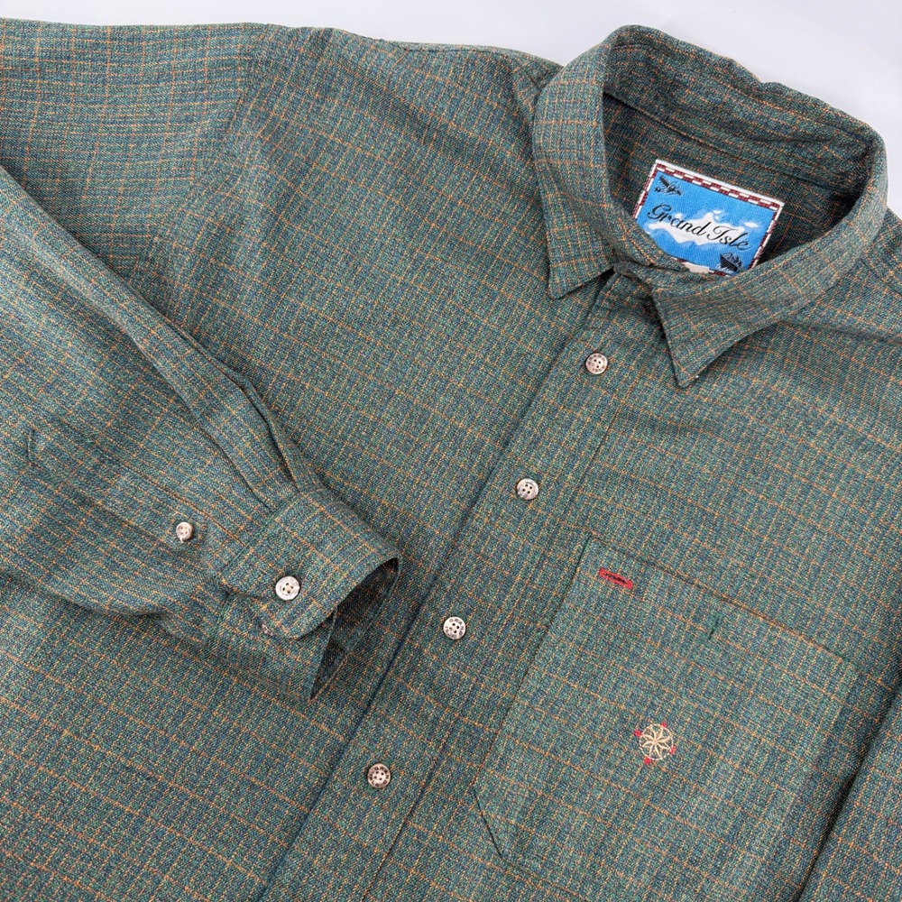Vintage Grand Isle Button Down Shirt Mens LT Green Textured Long Sleeve Nautical